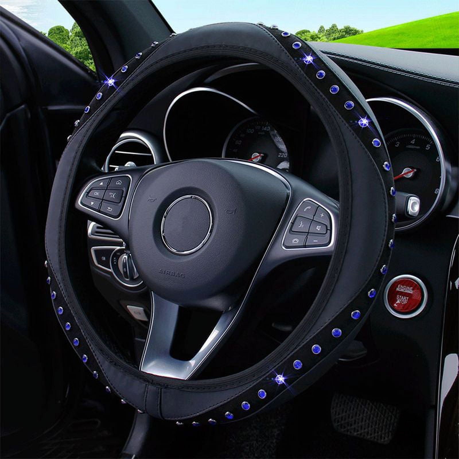 PWFE Universal 15 Inch Diamond PU Leather Steering Wheel Cover with Bling Bling Crystal Rhinestones(Black1)