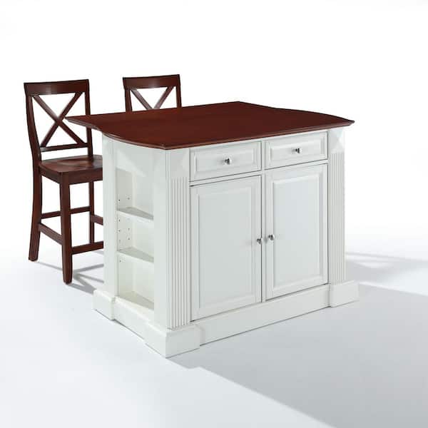 Coventry White Drop Leaf Kitchen Cart with X-Back Stools