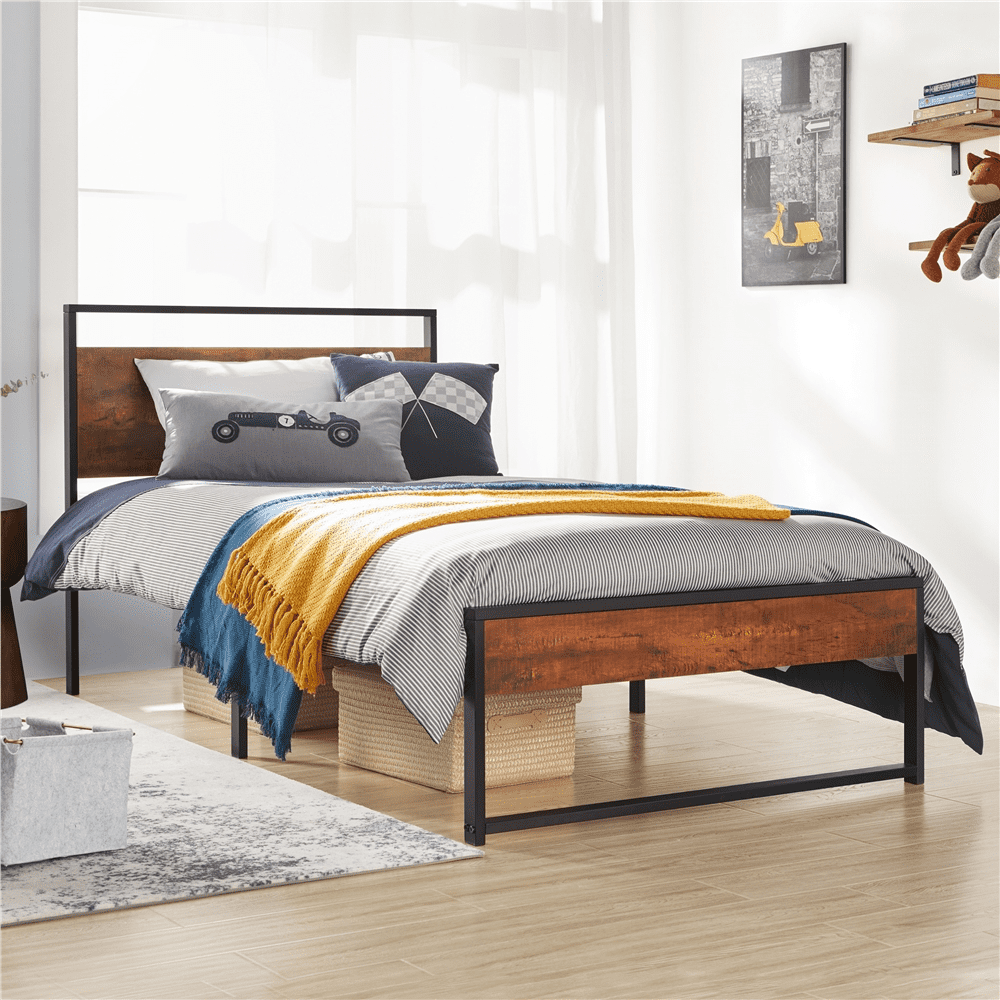 Topeakmart Rustic Metal Bed Frame Slatted Bed Base with Wooden Headboard and Footboard, Twin