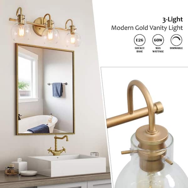Stockton Modern 3-Light Gold Bathroom Vanity Light Powder Room Wall Sconce with Clear Globe Glass Shades