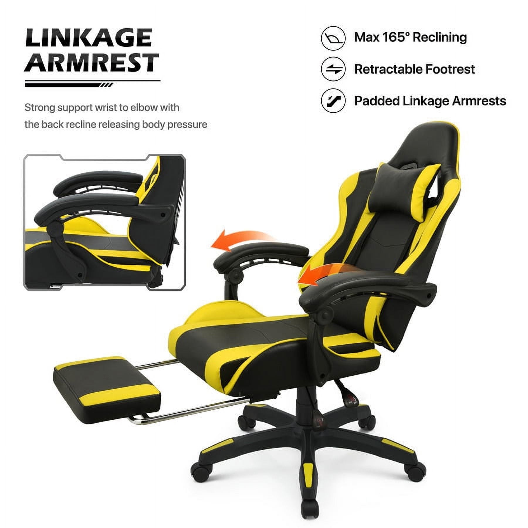 Yellow RECLINING Gaming Racing Chair Ergonomic Faux Leather Office Executive Seat w/Footrest