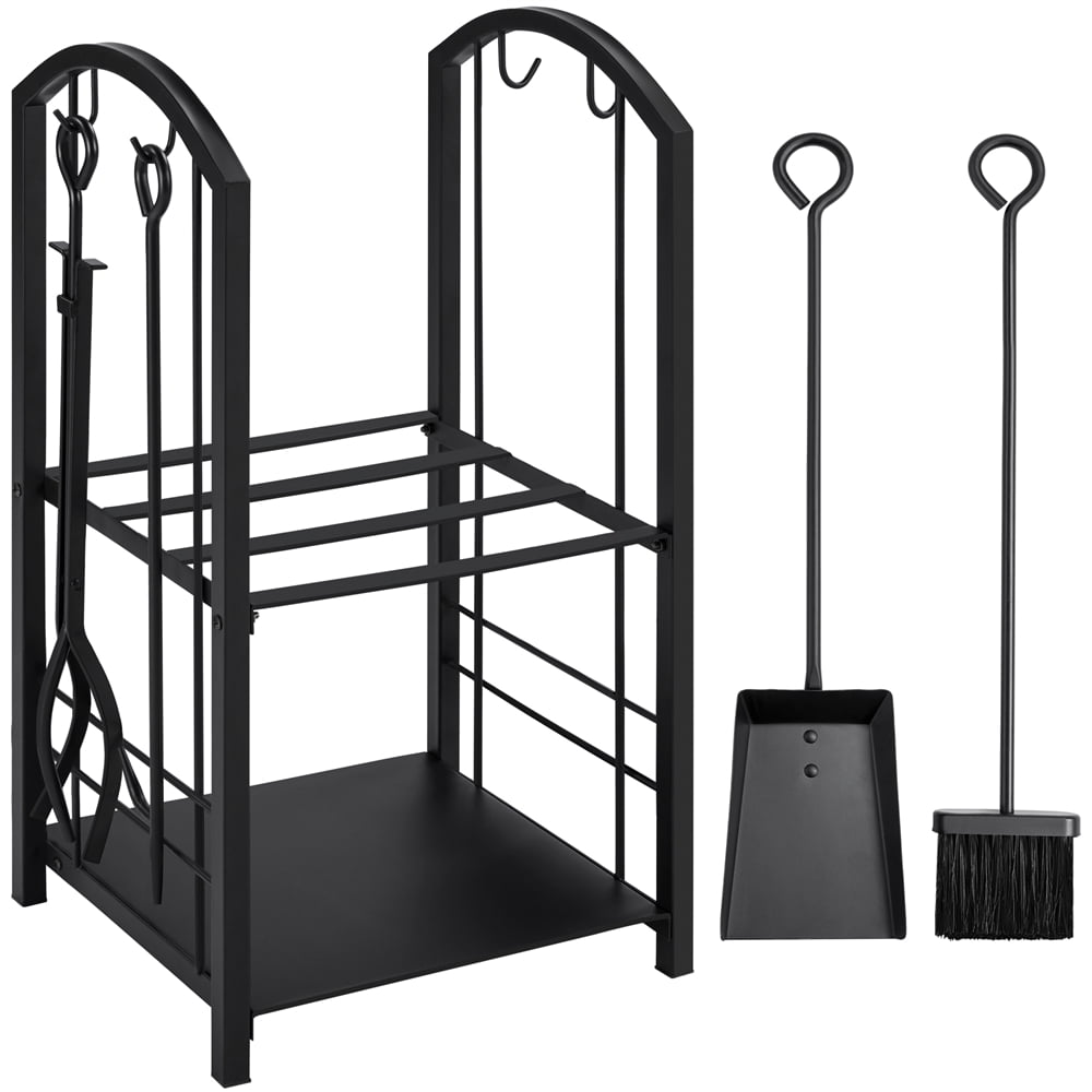 Easyfashion 2 Layer Metal Firewood Log Rack Hooks Set, Black