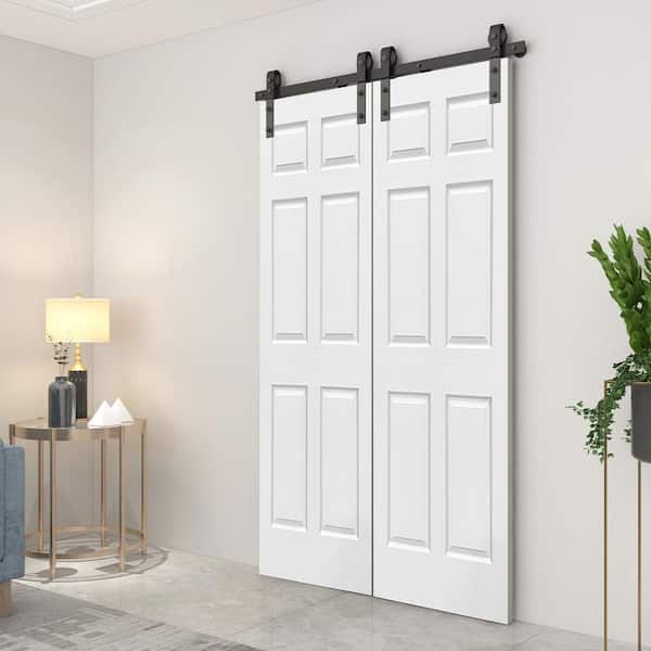 48 in. x 80 in. 6-Panel Primed MDF Composite Double Bi-Fold Barn Door with Sliding Hardware Kit