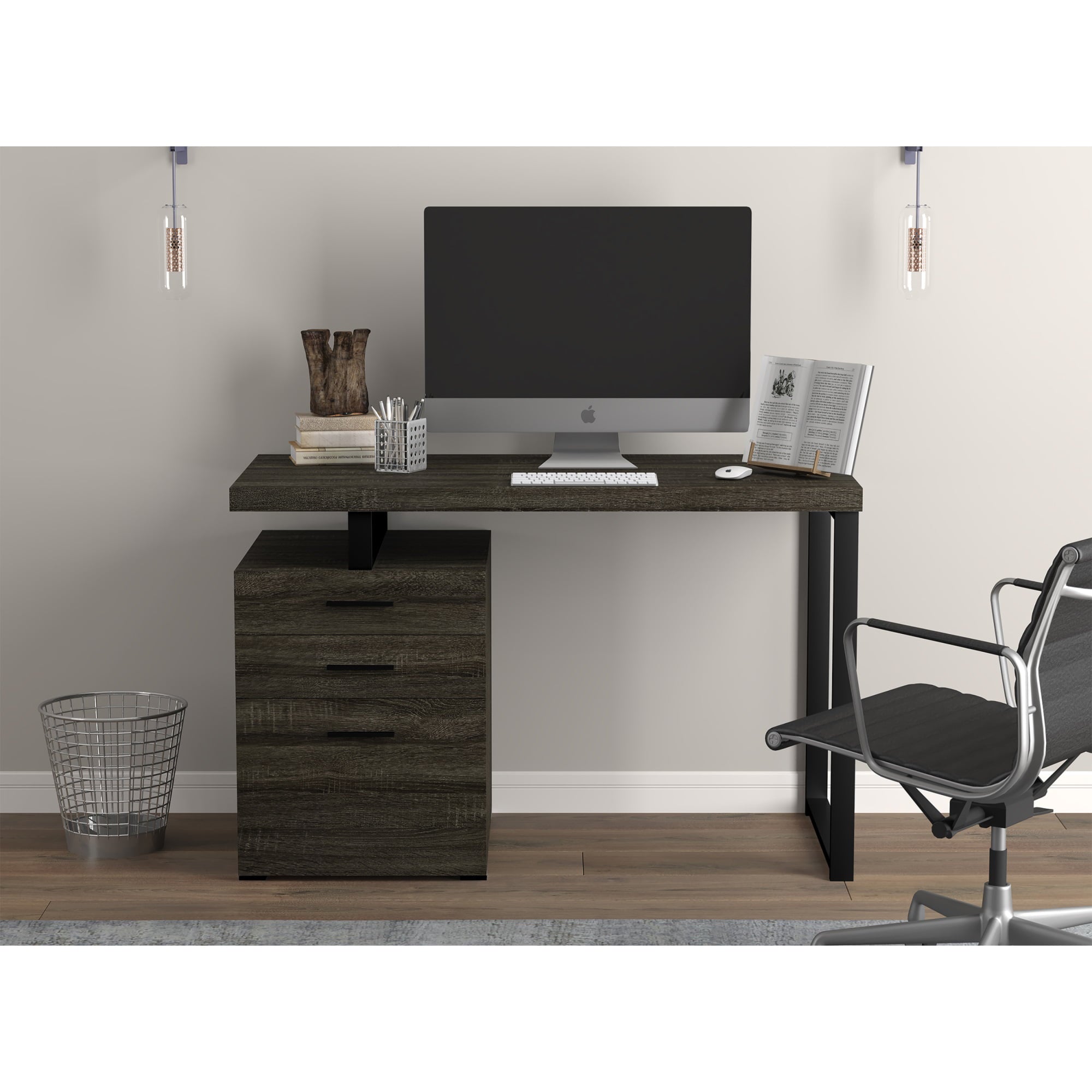 Computer Desk 47.25L Dark Grey 3 Drawers Black Metal