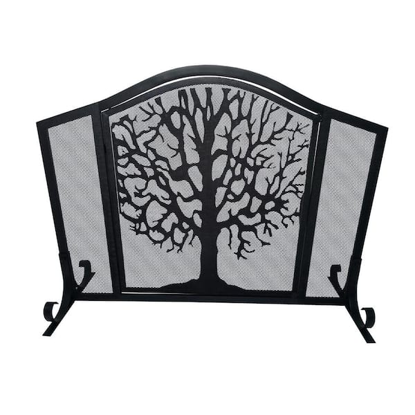 Black Iron Tree of Life Art 3-Panel Fireplace Screen with Mesh Design and Arched Top