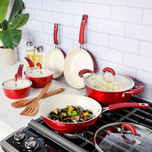 Kenmore Arlington 12-Piece Ceramic Pots and Pans Cookware Set - Metallic Red