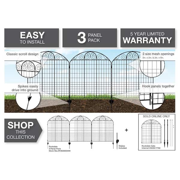 Rockdale 43.8 in. Black Metal Garden Fence Panel (3-Pack)
