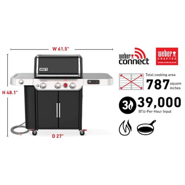 Genesis Smart EX-335 3-Burner Natural Gas Grill in Black with Side Burner