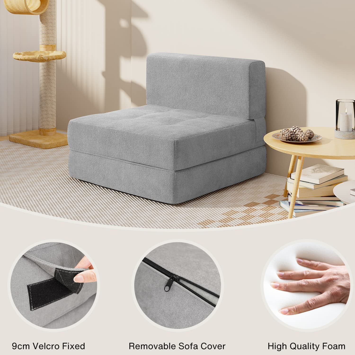 Lofka Chair Bed, Sleeper Sofa Bed with Removable Cover Light Gray