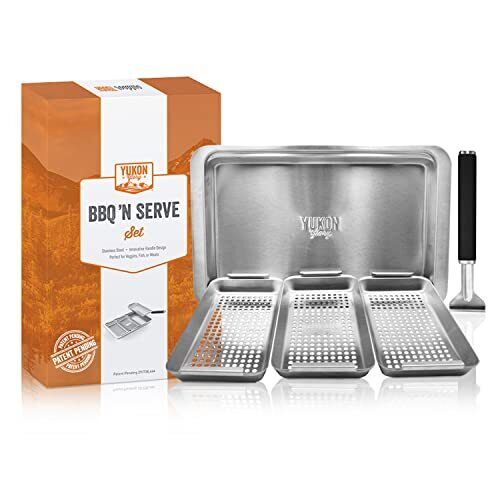 Bbq 'n Serve Grill Basket Set Includes 3 Grilling Baskets A Serving Tray & Clipo