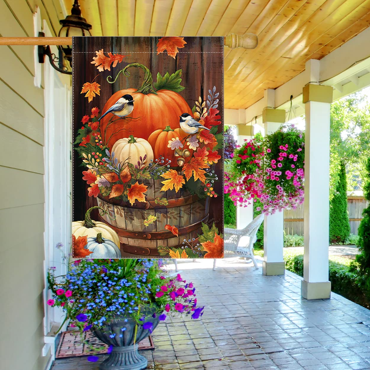 Fall Pumpkin Small Garden Flag 12x18 Inch，Thanksgiving Vertical Double Sided Autumn Watercolor Bird Burlap Yard Outdoor Decor