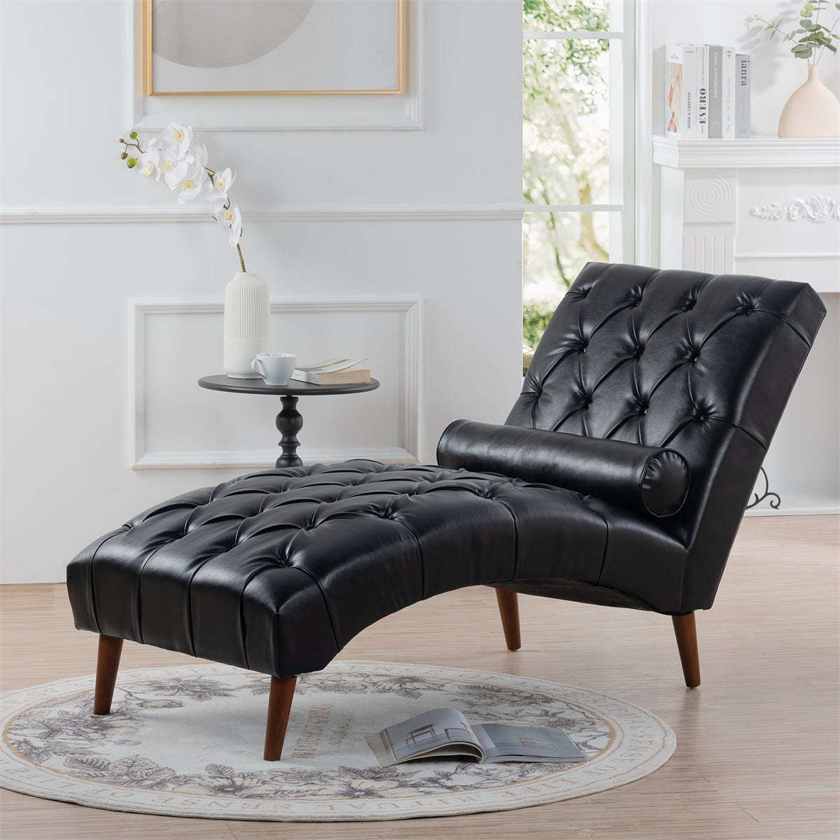 Upholstered Chaise Lounge, Indoor Recliner Sleeper Chair with Lumbar Pillow, Tufted Lounge Chair with Solid Wood Legs, Single Armless Rest Sofa Chair for Living Room Bedroom Office, Black PU