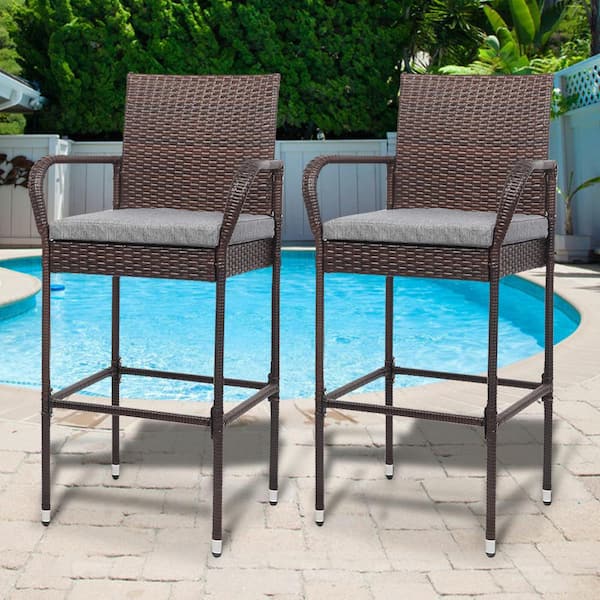 Brown Wicker Outdoor Bar Stool with Gray Cushion (2-Pack)