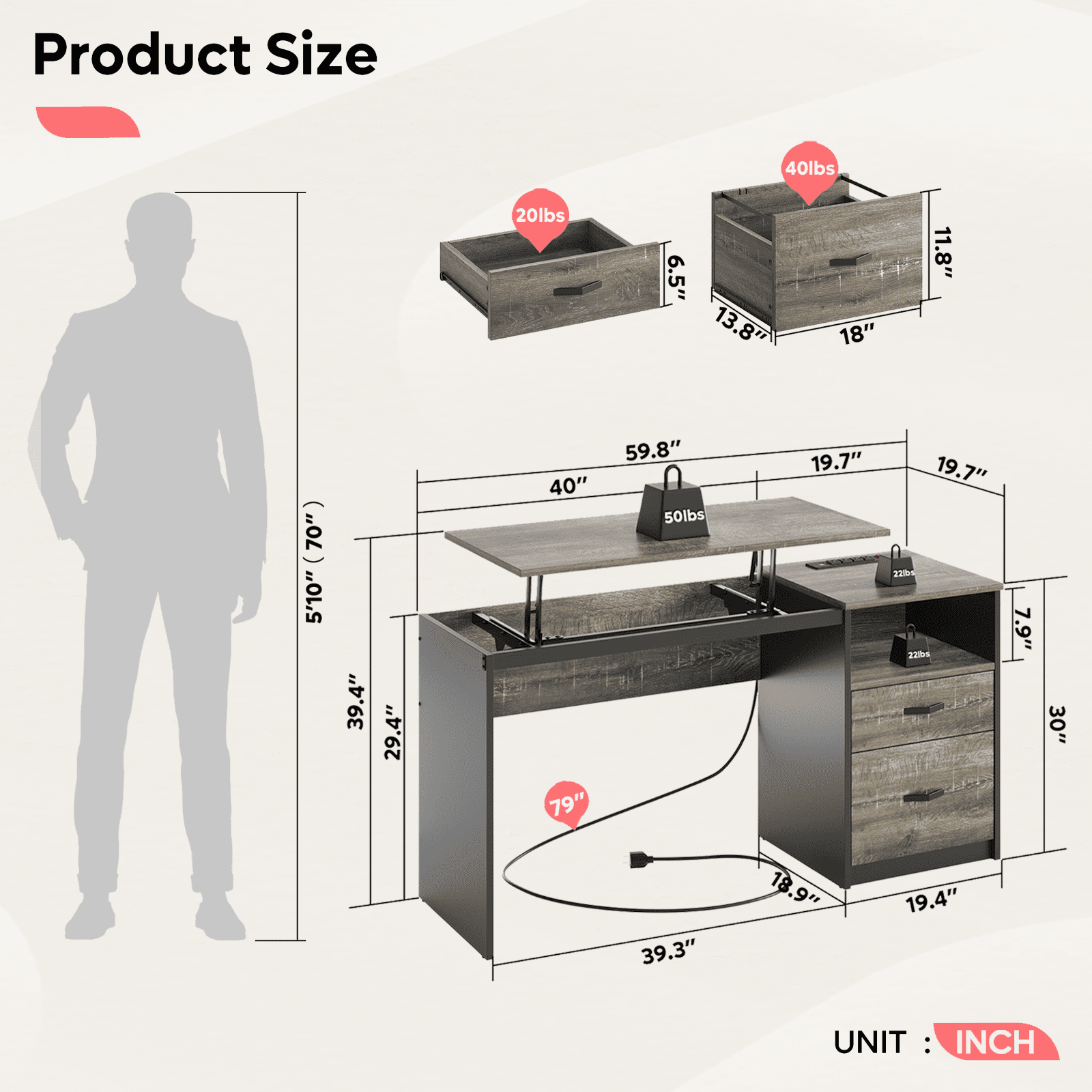 Bestier Computer Desk with Drawers Power Outlet  60