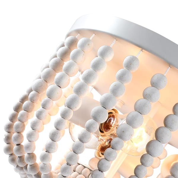 12.6 in. 3-Light Bohemia Antique White Wood Beaded Flush Mount Ceiling Light