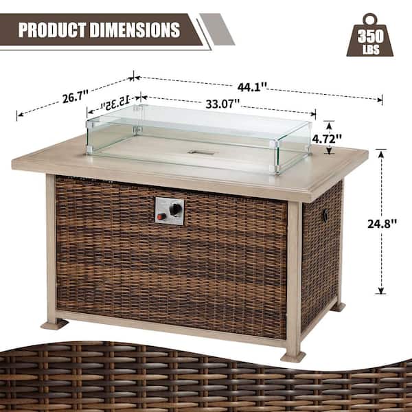 Brown 44 in. Propane Wicker Outdoor Fire Pit Table Fire Table with Glass Wind Guard