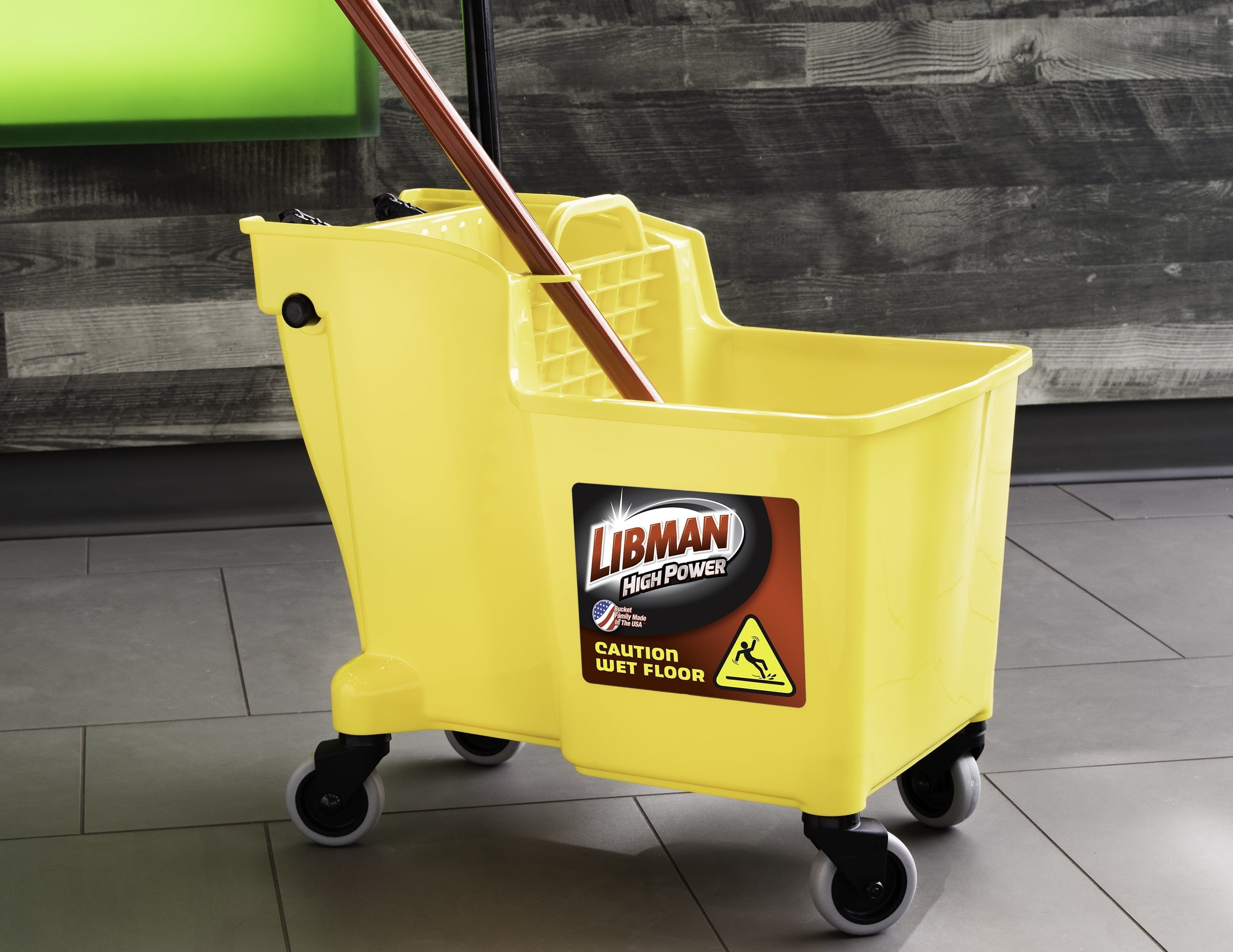 Libman Yellow 32 Quart Mop Bucket and Wringer with Rubber Caster Wheels.