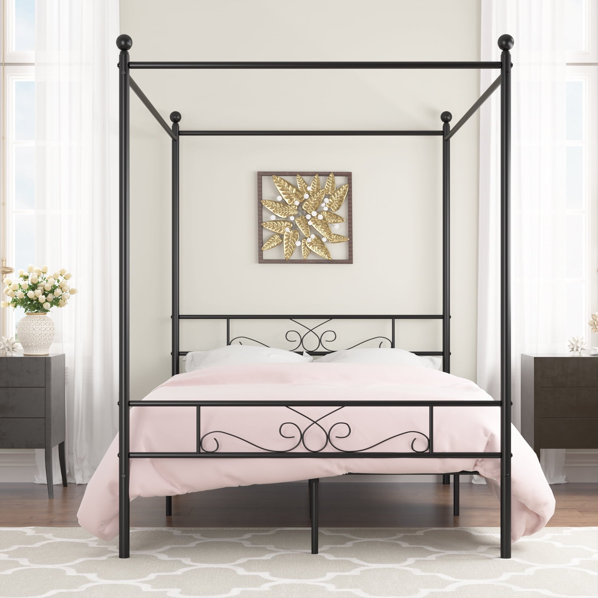 Yoneston Queen Metal Canopy Platform Bed Frame Storage Bedroom Furniture, Black