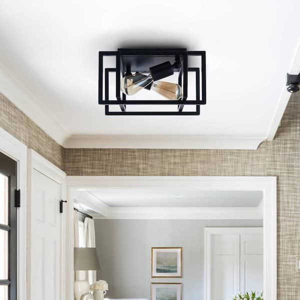 12 in. 2-Light Matte Black Open Geometric Frame Flush Mount