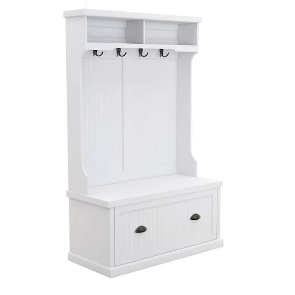 White Entryway Hall Tree with Coat Rack 4 Hooks and Storage Bench Shoe Cabinet
