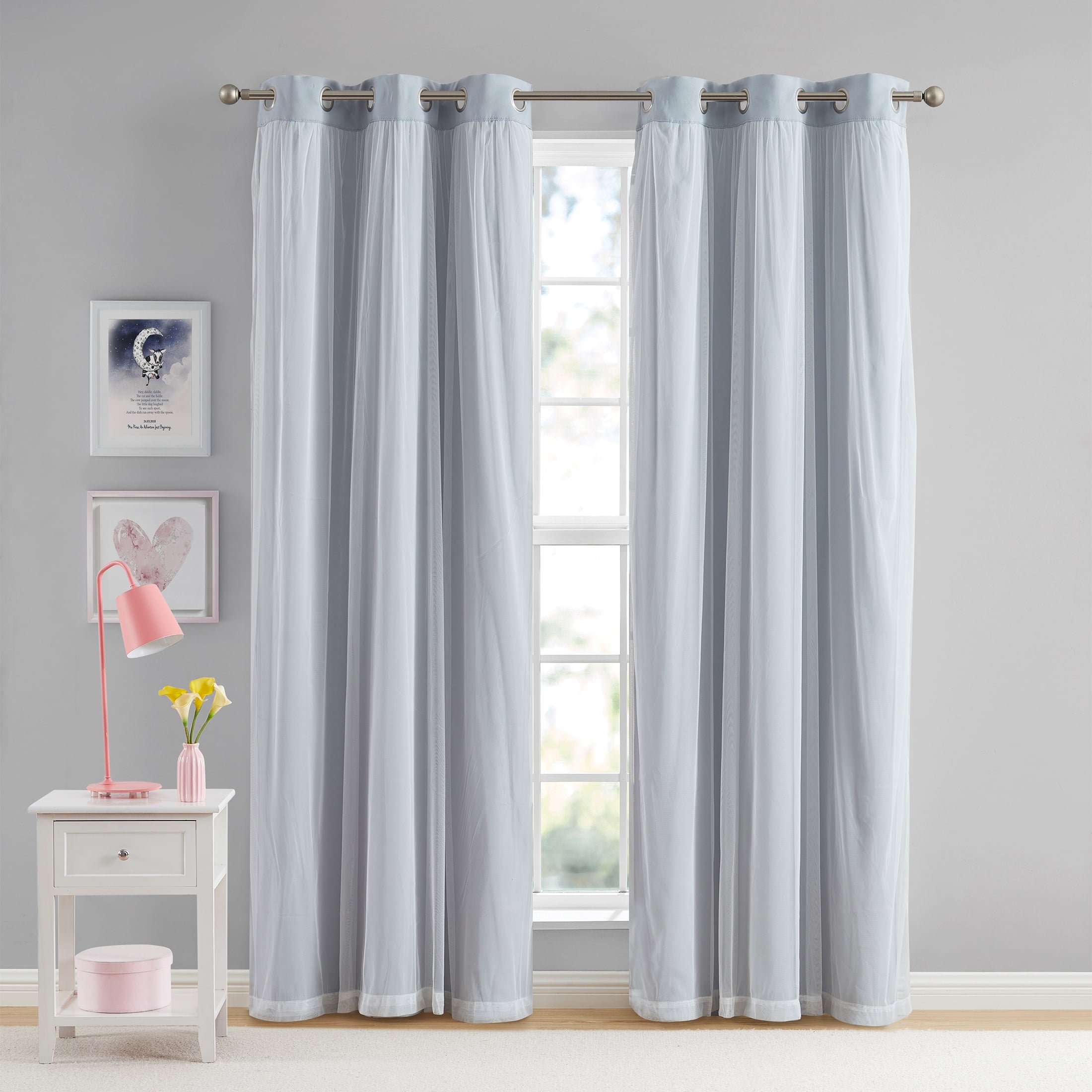 Your Zone Grey Blackout with Sheer Overlay Grommet Curtain Panel, 37