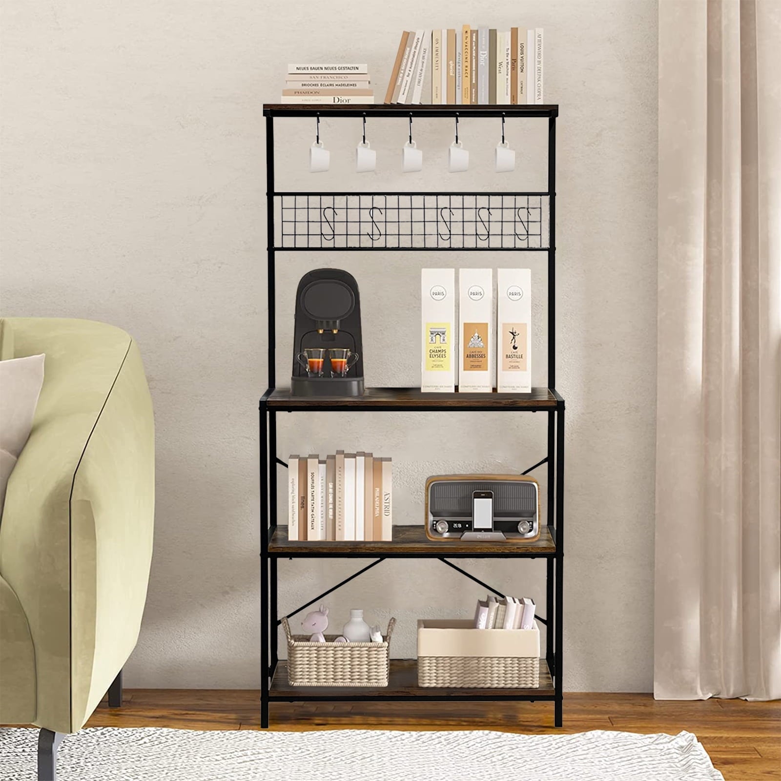 Vebreda Baker's Rack, Industrial Kitchen Island with Hooks Microwave Stand Adult