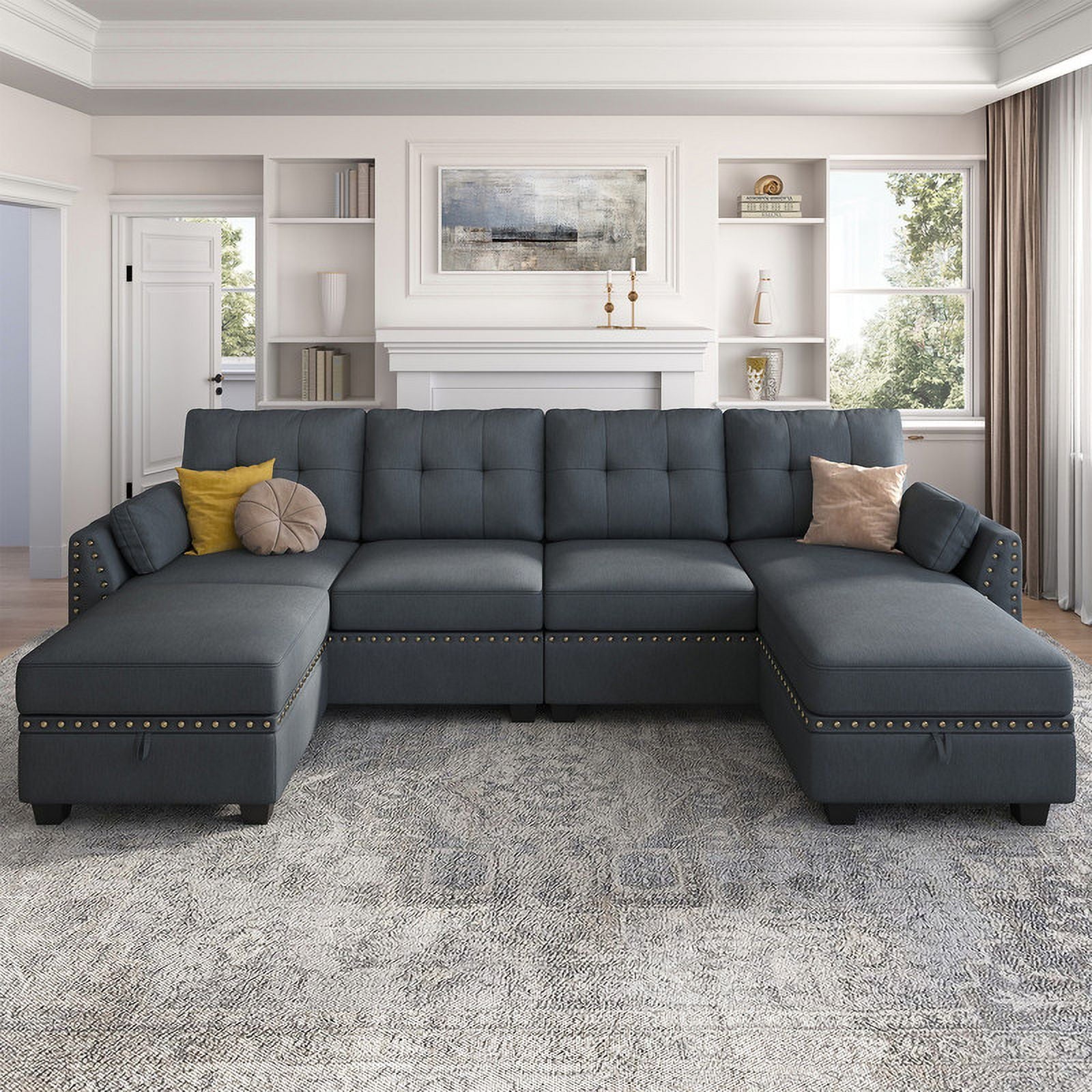 HONBAY Modern Linen Fabric with Reversible Chaise L-Shaped Sofa Couch with Storage Ottoman for Small Space Living Room, Bluish Grey