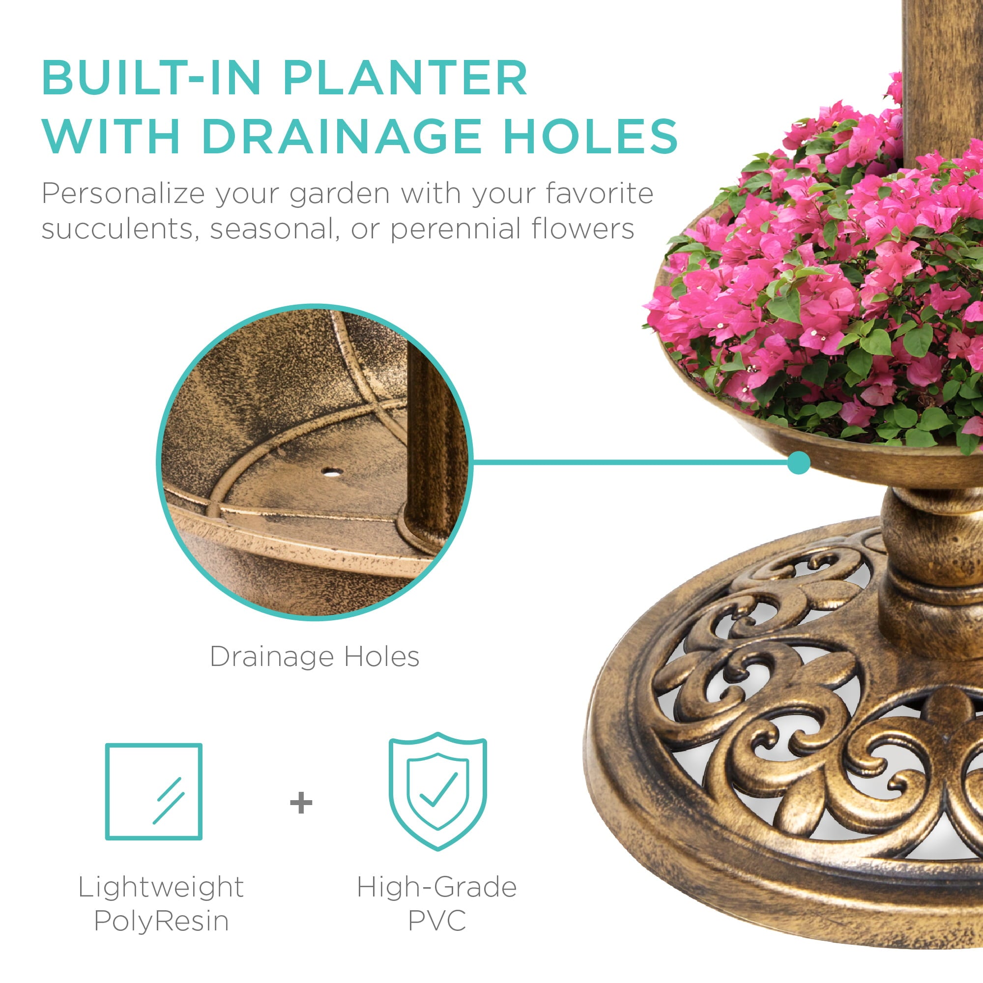 Best Choice Products Solar Lighted Pedestal Bird Bath w/ Planter, Integrated Panel - Bronze