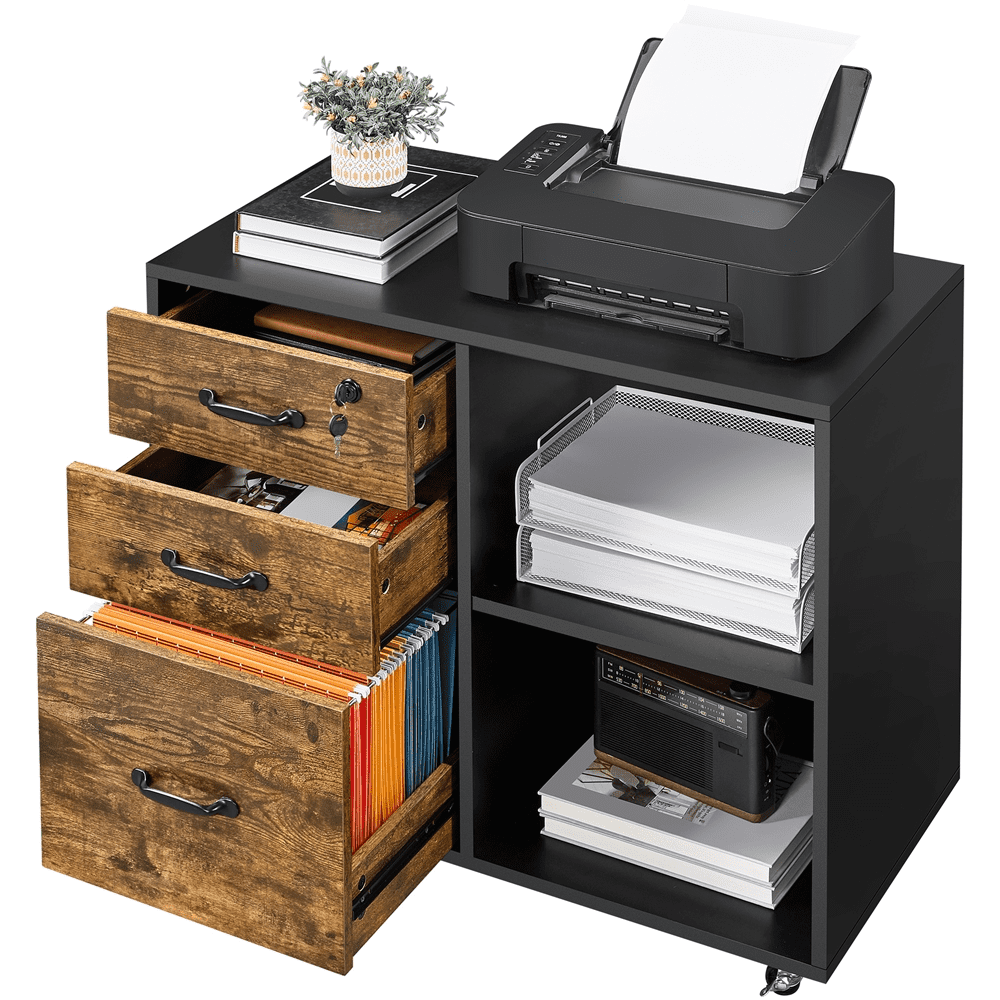 Smile Mart Rolling File Cabinet with 3 Drawers, Black/Rustic Brown