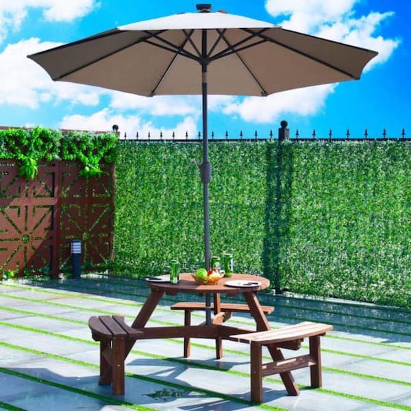 6-Person Patio Wood Picnic Table Beer Bench Set with Umbrella Hole