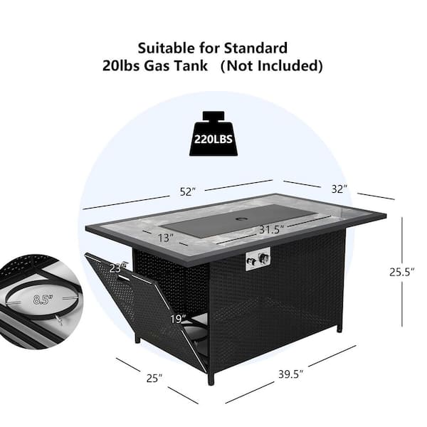 52 in. Propane Fire Pit Table Marble Tabletop Rattan Wicker w/Rain Cover Lava Rock