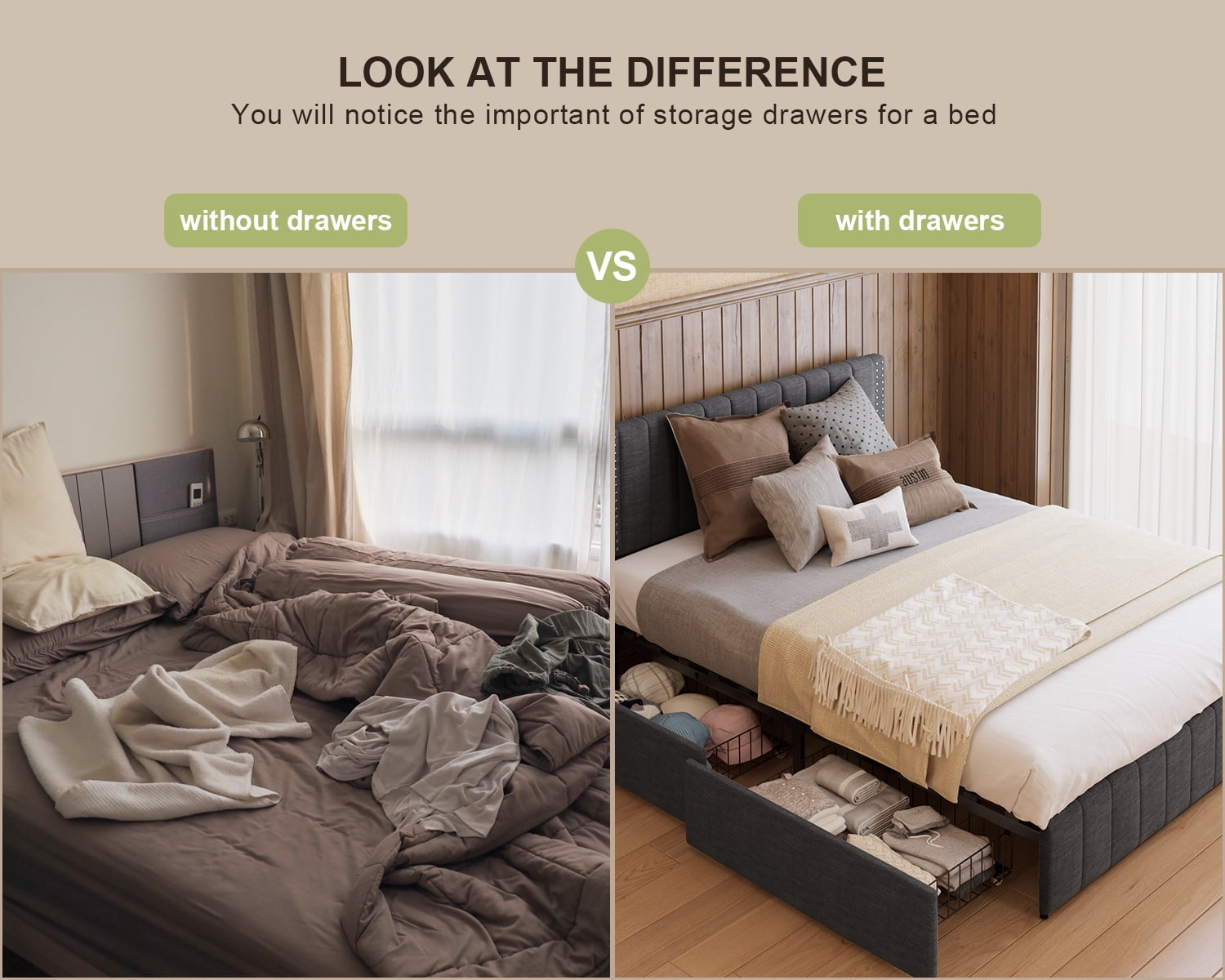 Lofka Queen Bed Frame with Drawers and Adjustable Headboard 880lbs No Box Spring Dark Gray