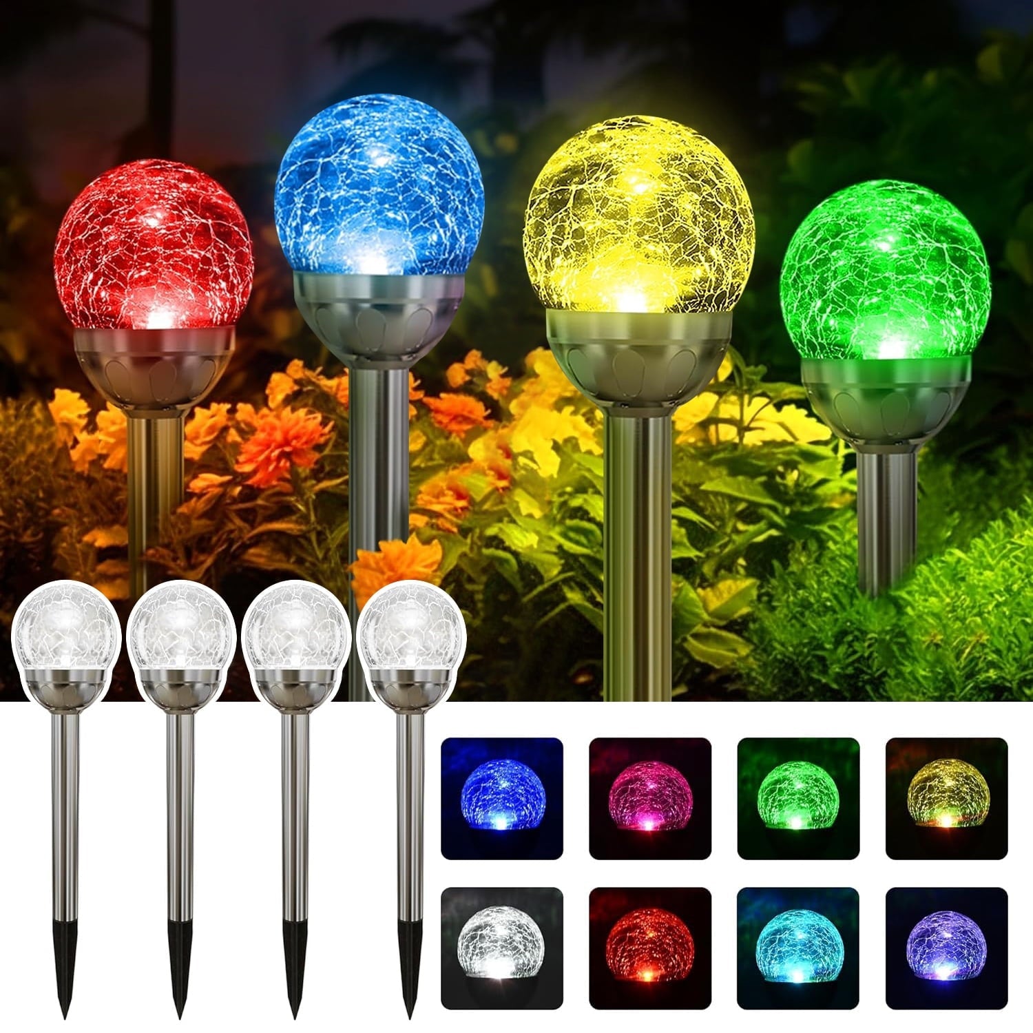 Solar Globe Lights Outdoor, Cracked Glass Ball Dual LED Garden Lights,Color-Changing Outdoor Landscape Garden Light Decoration, Garden Decor 4 Pcs