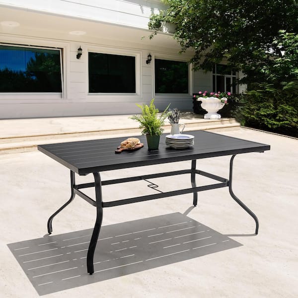 Black Rectangle Metal Outdoor Patio Dining Table with Umbrella Hole