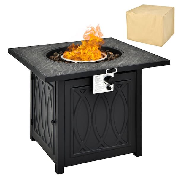 50,000 BTU Propane 32 in. Stone Metal Fire Pit Table Square Tabletop with Lava Rocks Cover