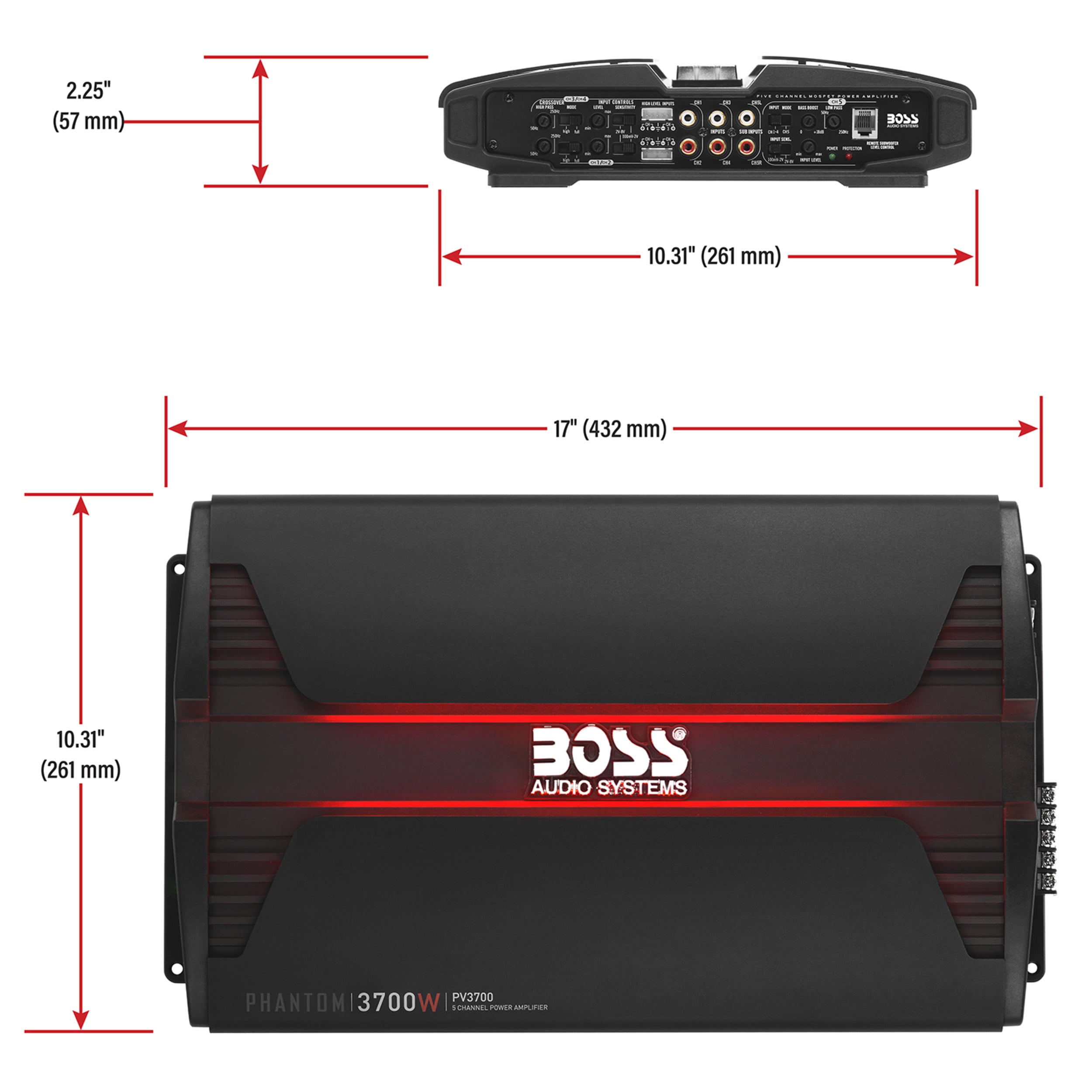BOSS Audio Systems PV3700 5 Phantom Series Car Audio Amplifier – 3700 High Output, 5 Channel, 2/4 Ohm Stable, Low/High Level Inputs, High/Low Pass Crossover, Full Range, Bridgeable, Subwoofer