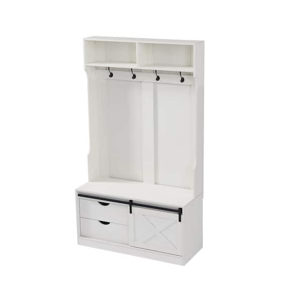 White Storage Hall Tree with Drawers, Bench, Coat Rack