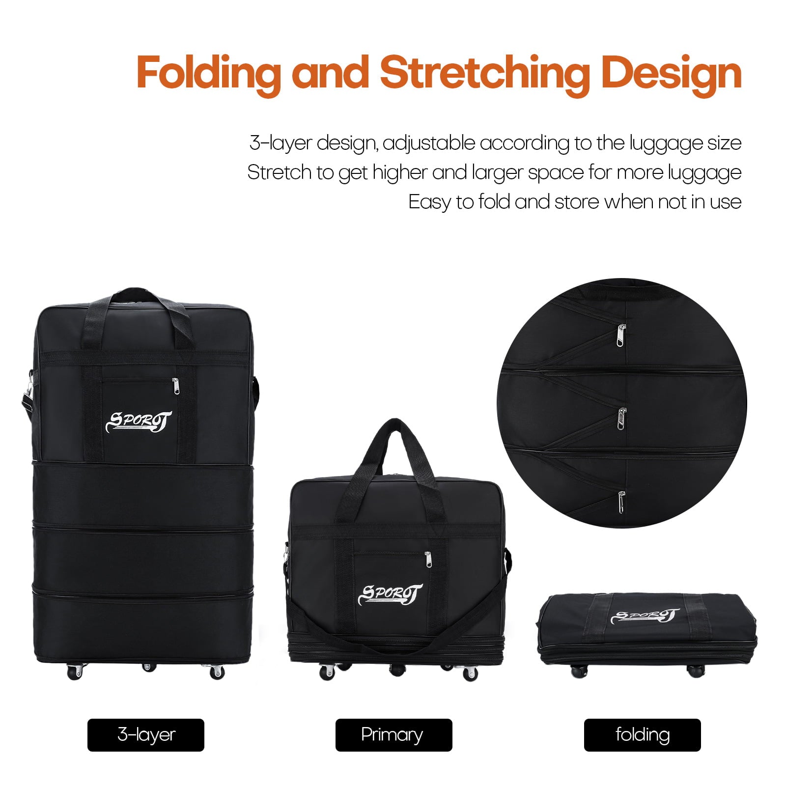 32in Expandable Suitcase Bag 3 Layer Collapsible Rolling Wheeled Duffle Bag Large for Home Storage Cargo Travel Business Moving Luggage, Black