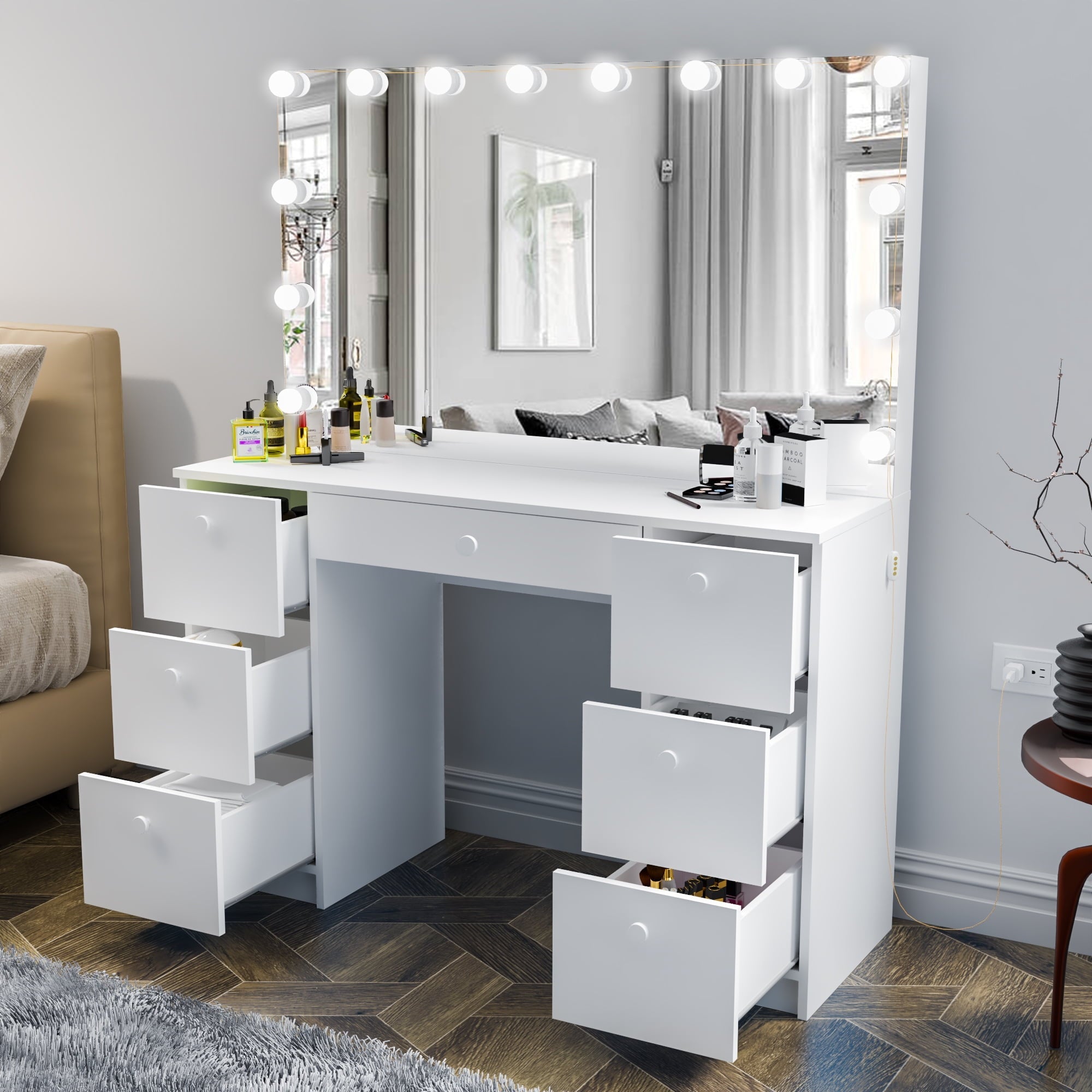 Ember Interiors Tammy Modern White Painted Vanity Table, Lights, for Bedroom