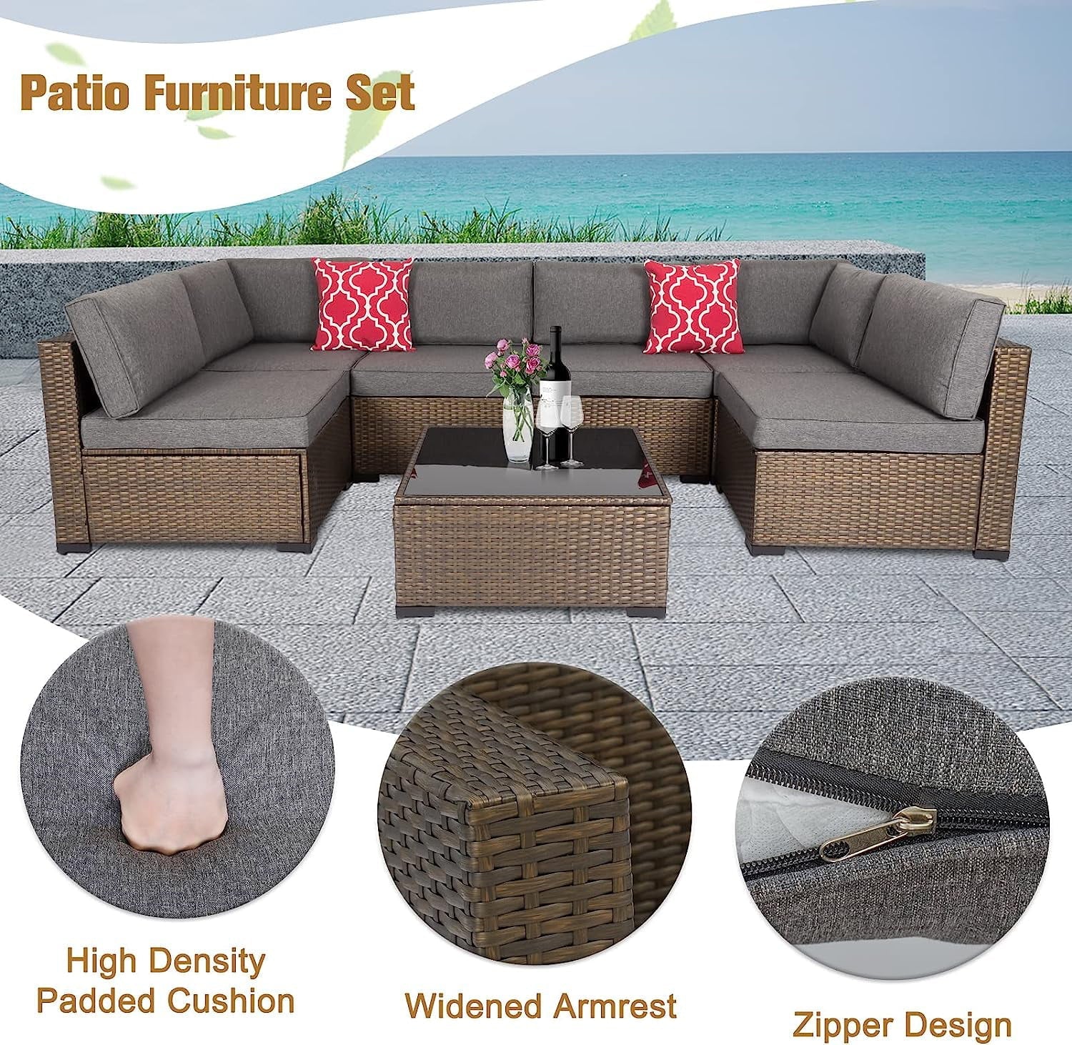 Kinbor 7pcs Patio Rattan Wicker Rattan Outdoor Sectional Sofa Set with Gray Cushions