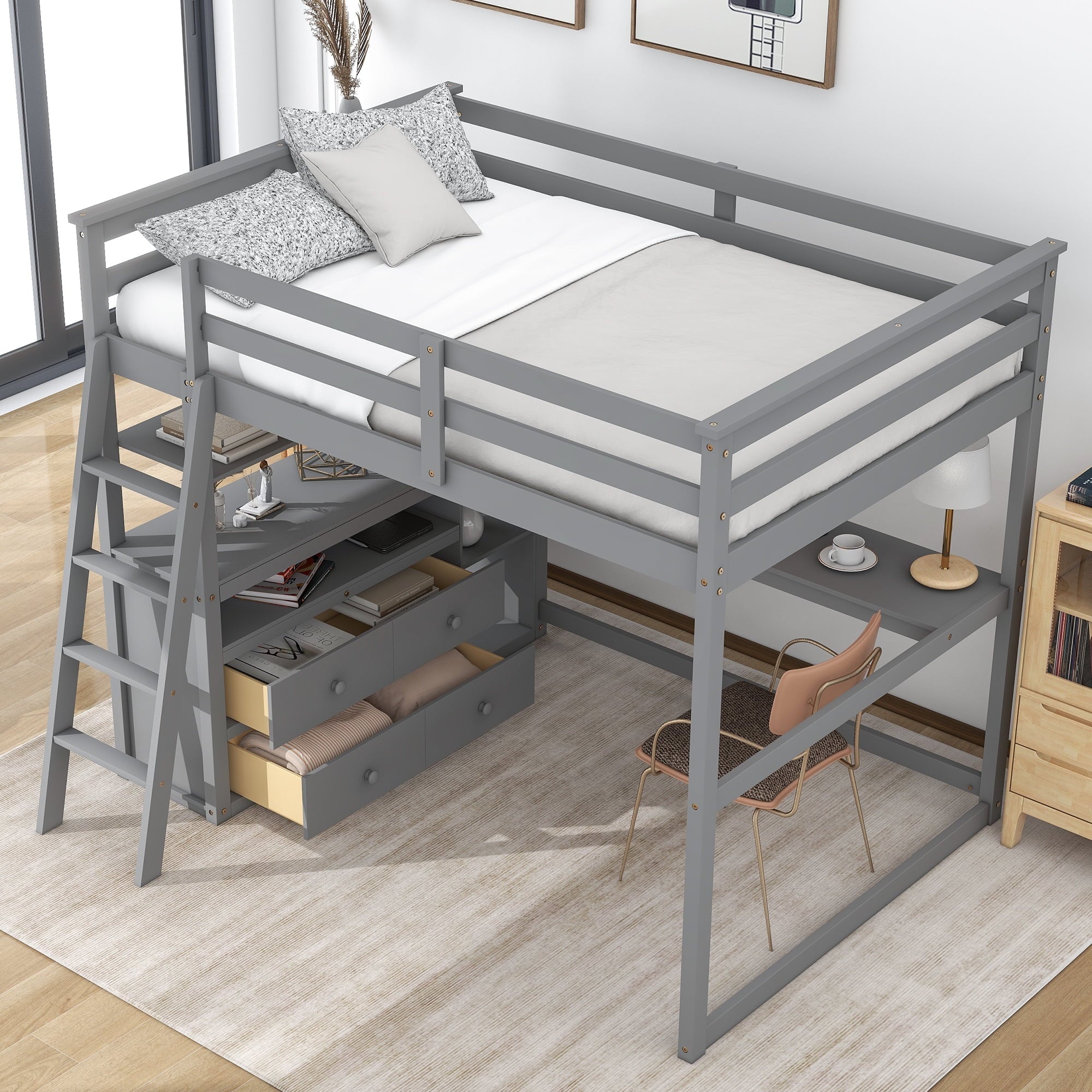 Euroco Full Size Wood Loft Bed with Desk, Shelves and Cabinets for Kids Room, Incline Ladder and 3 Drawers, Gray