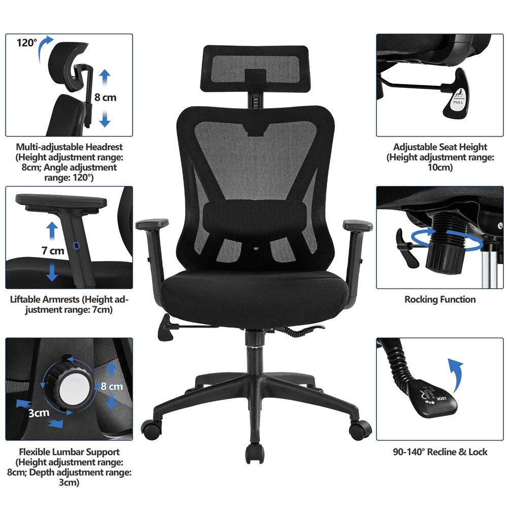 Smile Mart High-Back Ergonomic Mesh Office Chair with Adjustable Headrest, Black