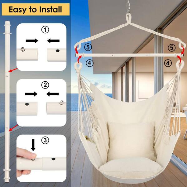 Hammock Chair Hanging Rope Swing, Maximum 500 lbs. 2-Seat Cushions Included, Quality Cotton Weave in Beige