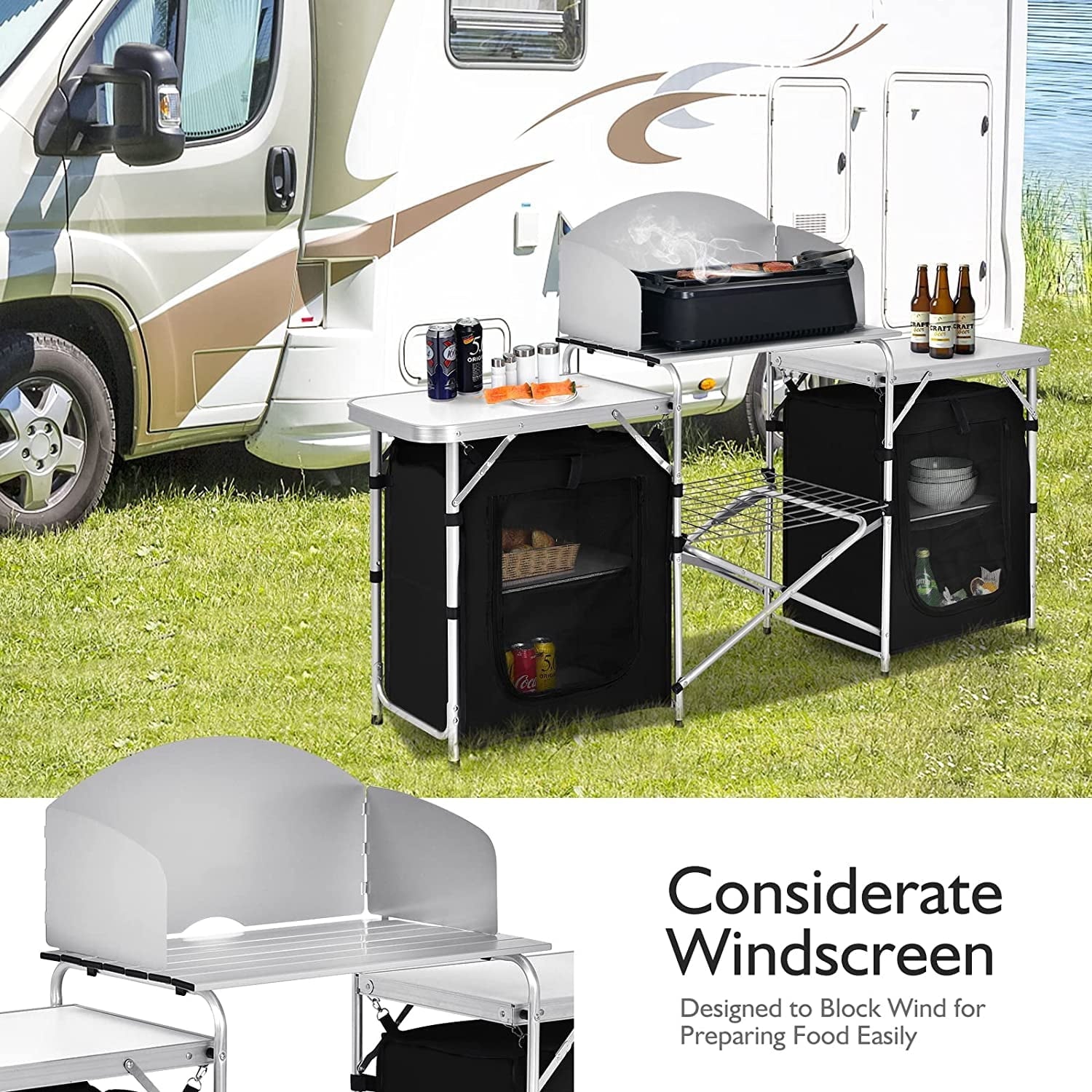 Camping Kitchen Table with Storage, Aluminum Portable Outdoor Cooking Table with Windscreen, Foldable Camp Table Cook Station for BBQ, Grill, Party, Picnics