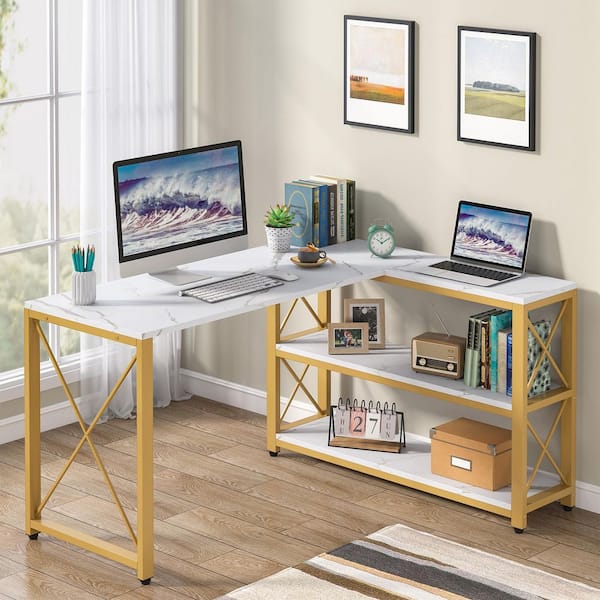 Lantz 52.75 in. L-Shaped White and Gold Wood and Metal Reversible Computer Desk with 2 Tier Storage Shelves