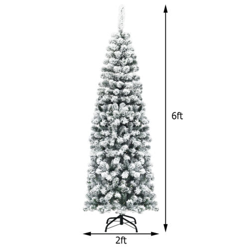 6' Unlit Hinged Snow Flocked Artificial Pencil Christmas Tree w/ 500 Branch Tip