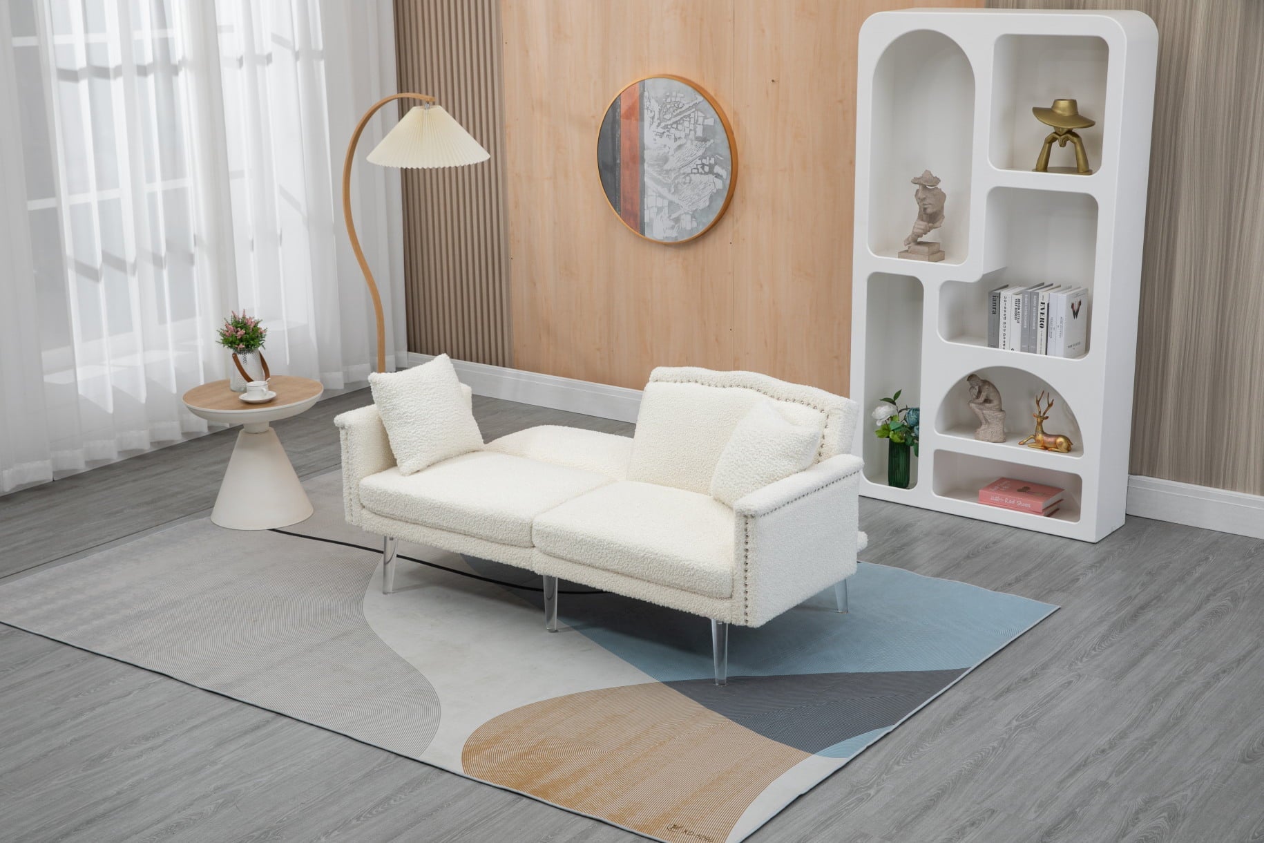 Loveseat Sofa, Modern Polyester Upholstered Accent Sofa Couch with Low Back and Acrylic Feet, 2-Seater Convertible Sleeper Bed Futon Sofa with 2 Pillows for Living Room Bedroom Office, White