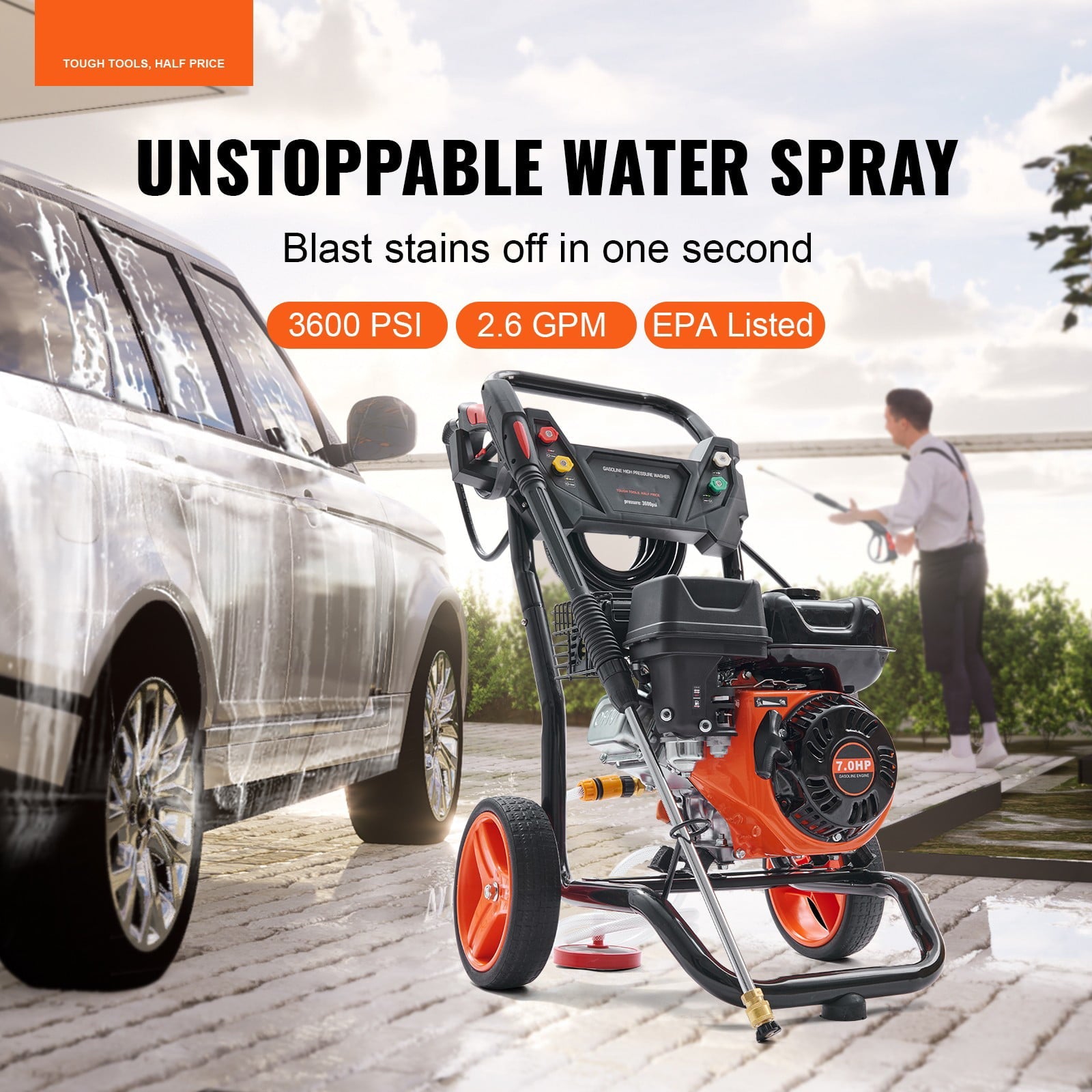 BENTISM 3600 PSI 2.6 GPM Gas Pressure Washer w/26 ft High Pressure Hose 5 Nozzles Gas Powered Washer