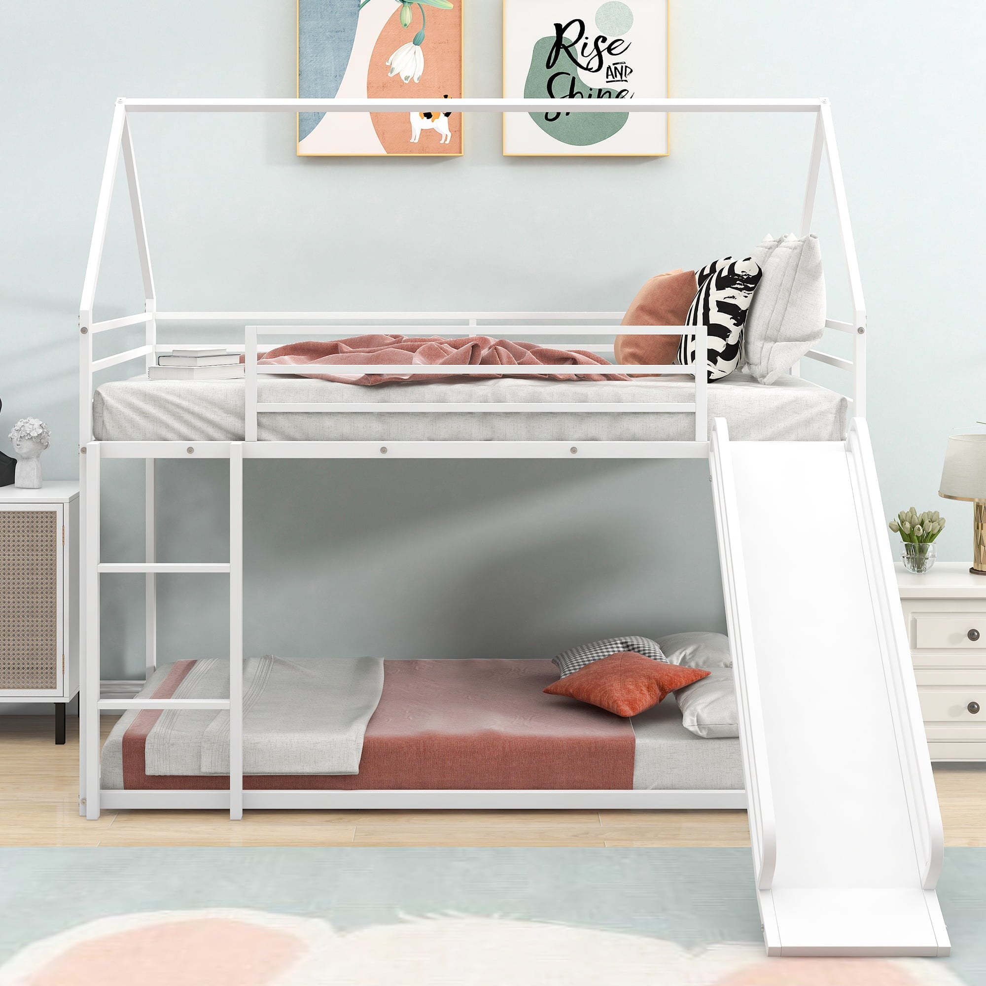 Euroco Twin over Twin House Bunk Bed with Ladder and Slide for Bedroom, White