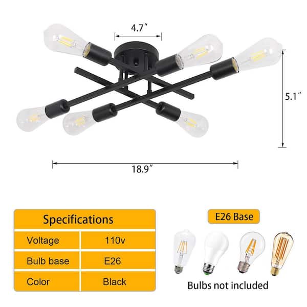 18.9 in. 6-Light Black Sputnik Linear Semi- Flush Mount Ceiling Light Fixture